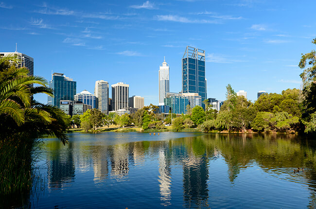 King's Park pond, with tranquil water reflecting the Perth skyline.