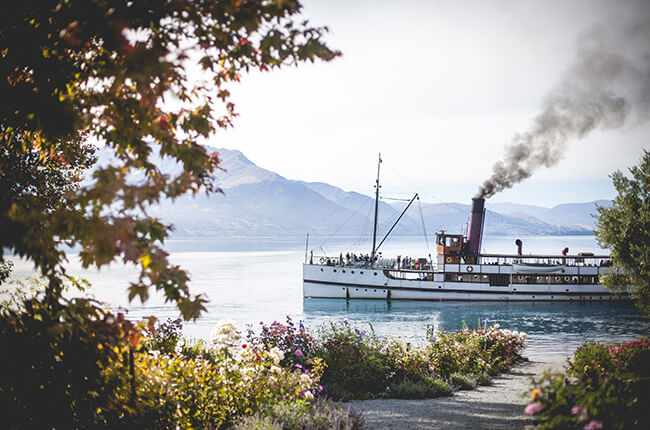 TSS earnslaw steamboat travelling through the lakes of Queenstown