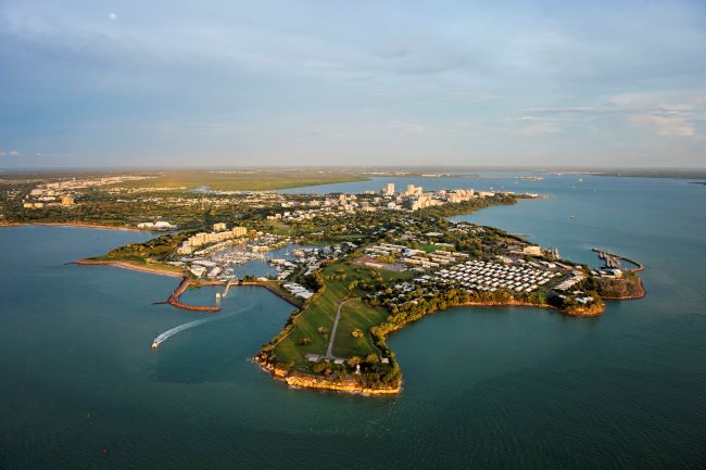 Aerial of the tropical northern city of Darwin at sunset
